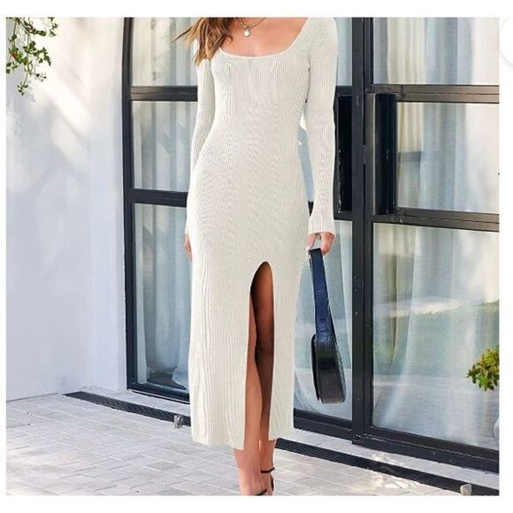 Women’s Ribbed Knit Sweater Dress Bodycon Maxi Square Neckline White Slit NWOT - Picture 9 of 9